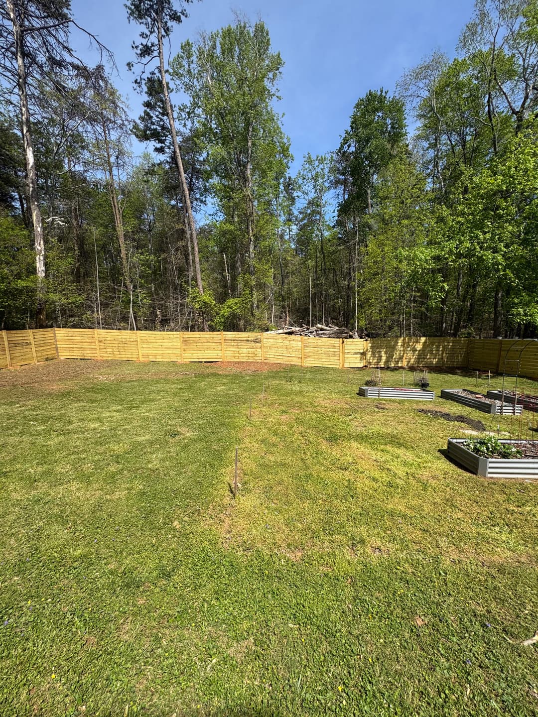 Spacious backyard with wooden fence, garden beds, and lush green grass under a clear blue sky.