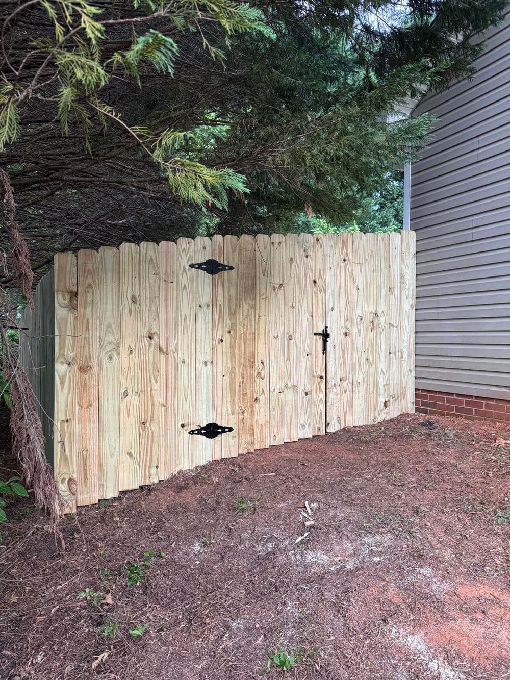 Wooden privacy fence with a black latch door in a residential backyard setting.